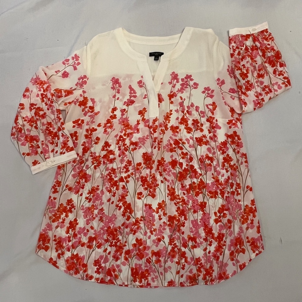 Talbots S Petite Ivory Pink Floral 3/4 Sleeve Flowy Sheath‎ Tunic Blouse Top - Picture 3 of 9